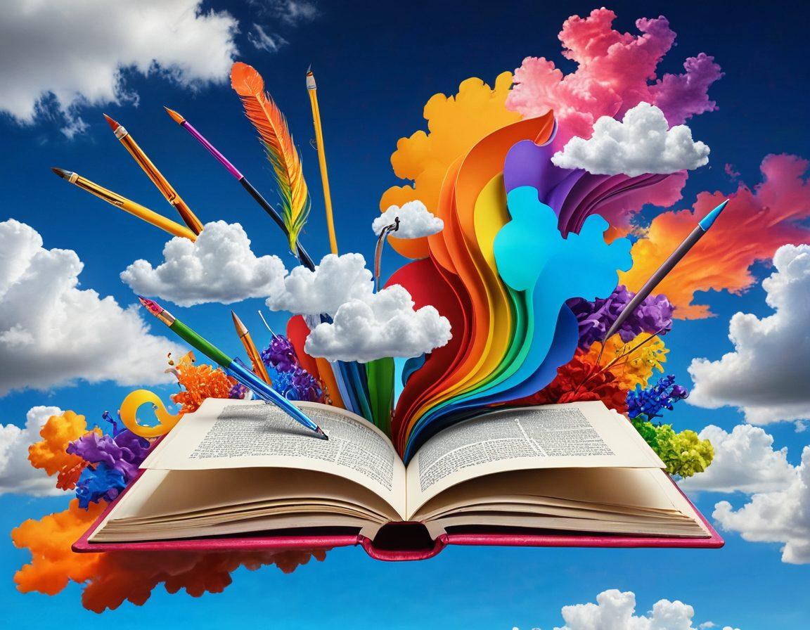 A whimsical, open book with colorful, swirling pages ascending into a vibrant sky filled with clouds shaped like various creative tools (paintbrush, camera, pen). In the background, a digital landscape featuring diverse content creators sharing stories through tablets and laptops, surrounded by inspiring quotes and artistic elements. super-realistic. vibrant colors. dynamic composition.