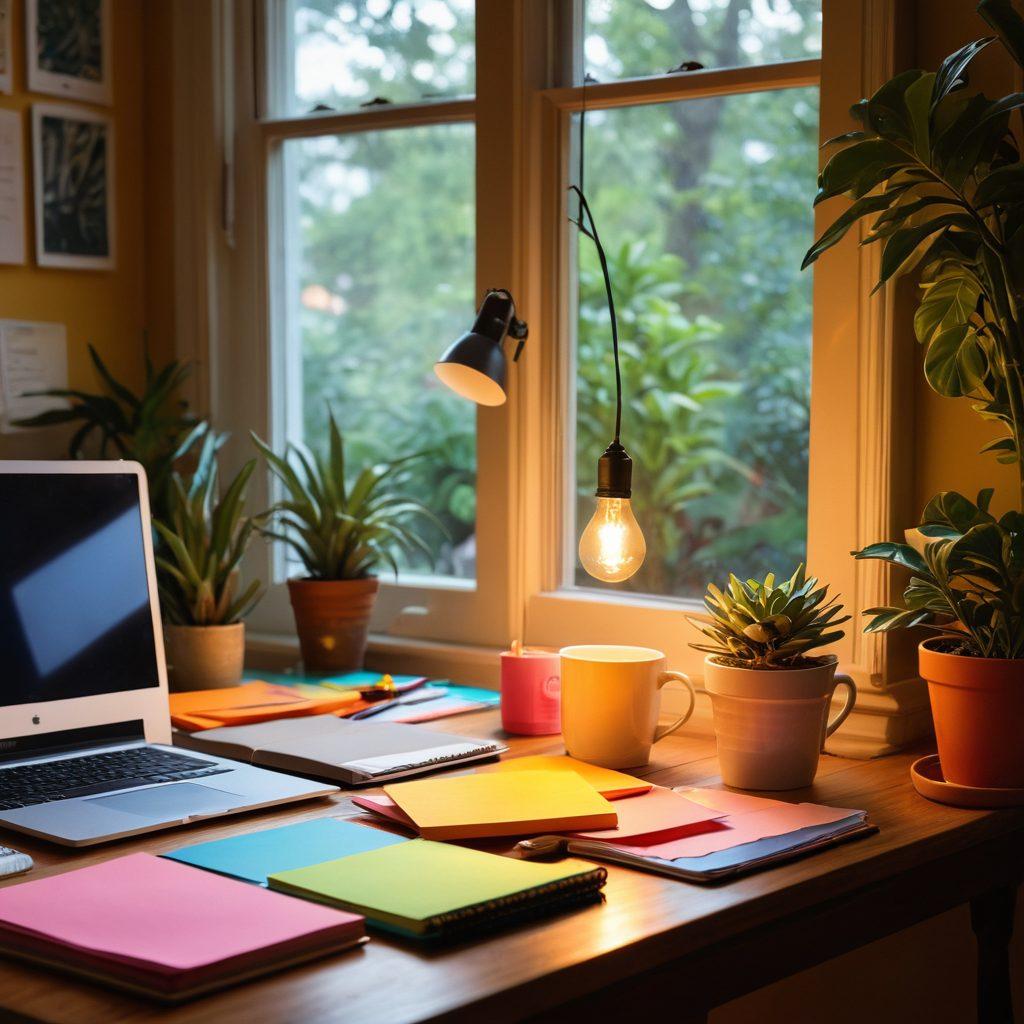 A vibrant and inspiring workspace filled with art supplies, notebooks, and colorful post-it notes, with a light bulb symbolizing creativity glowing above. A warm cup of coffee sits beside a laptop showcasing a blog post in progress. Bright plants are arranged around the desk adding freshness and energy. The background features soft sunlight filtering through a window, creating an inviting atmosphere. vibrant colors. super-realistic.