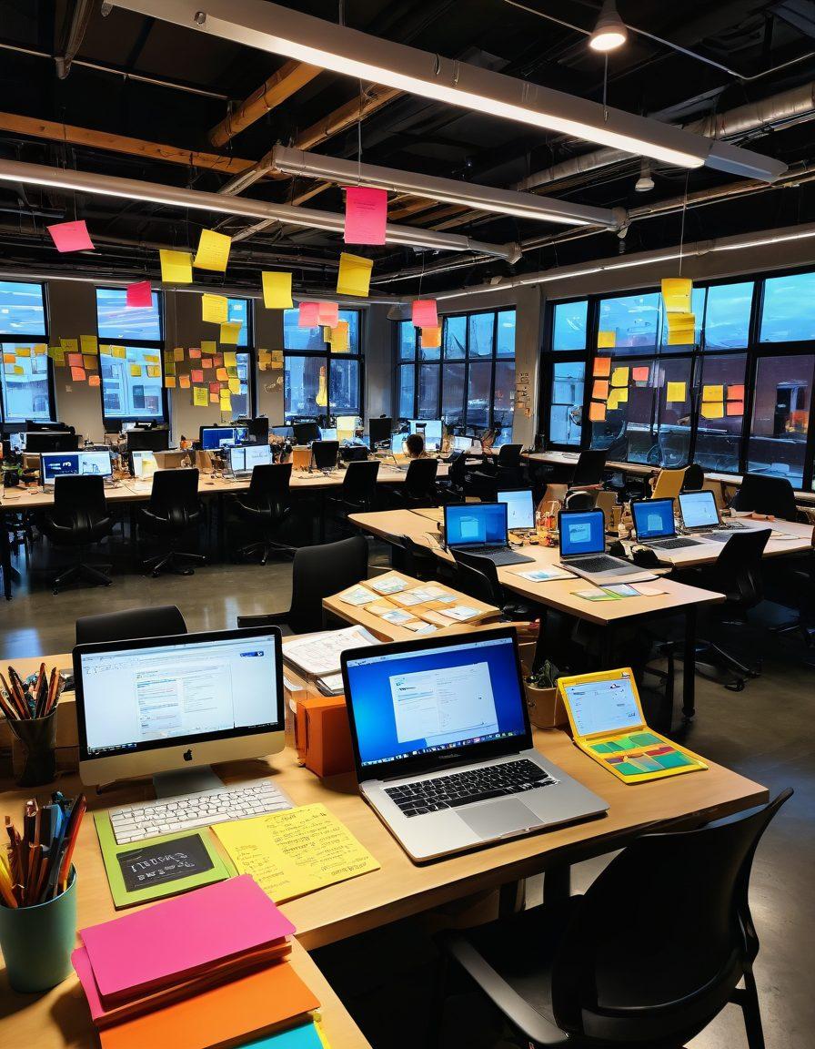 A visually captivating workspace featuring a diverse group of people actively engaged in content creation, with laptops open, colorful post-it notes scattered around, and digital storytelling elements like infographics and videos on screens. The setting should be bright and inspiring, symbolizing creativity and collaboration. Soft, warm lighting with vibrant colors to enhance the atmosphere. super-realistic. dynamic composition.